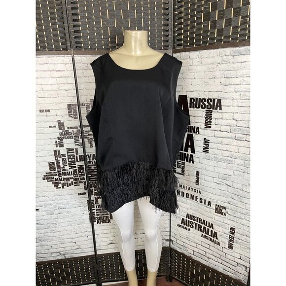 Denim 24/7 Plus 24W Black Lined Ostrich Feathers Hem Zip V-Back Sleeveless Top - Picture 1 of 5